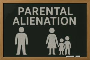 Chalkboard with the words Parental Alienation and drawings of a split family.